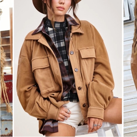 La Miel Camel Sunshine Oversized Fleece Shacket Jacket Size L - Picture 1 of 9